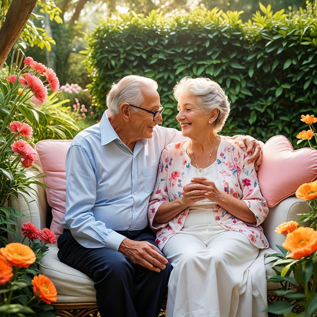 A tender and whimsical scene of diverse older couples embracing and sharing intimate moments, surrounded by symbols of breaking societal norms, such as shattered chains and blooming flowers. Emphasize warmth and affection in the expressions, with soft sunlight filtering through a lush garden. Include playful elements like feathered fans and heart-shaped cushions. vibrant colors. painting.